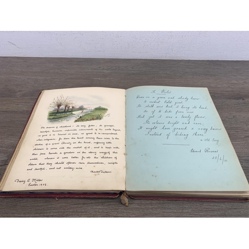 550 - A late 19th century scrap album containing a large quantity of hand written and painted poems and dr... 