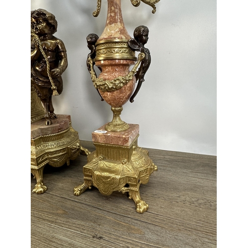 560 - A Rococo style Italian Imperial gilt metal and red marble chiming mantle clock and garniture set - c... 