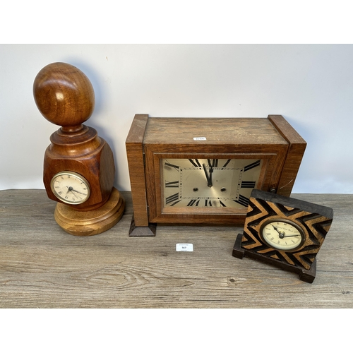 567 - Three mantel clocks to include 1930s oak cased chiming - approx. 24cm high x 34cm wide x 15cm deep e... 