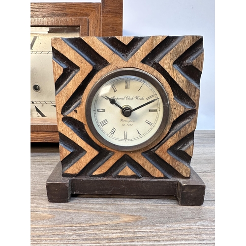 567 - Three mantel clocks to include 1930s oak cased chiming - approx. 24cm high x 34cm wide x 15cm deep e... 