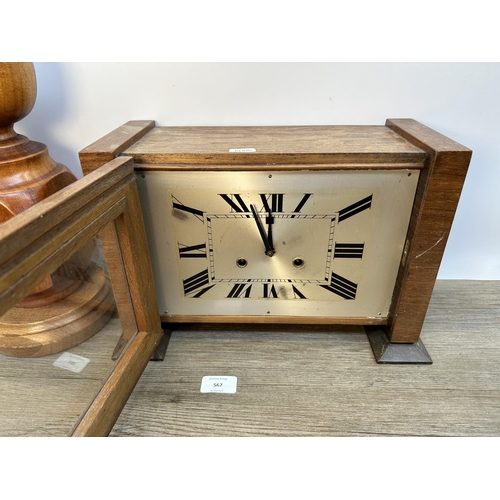 567 - Three mantel clocks to include 1930s oak cased chiming - approx. 24cm high x 34cm wide x 15cm deep e... 