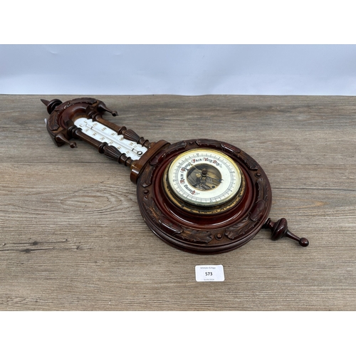 573 - A 19th century carved mahogany aneroid barometer - approx. 60cm high x 23cm wide