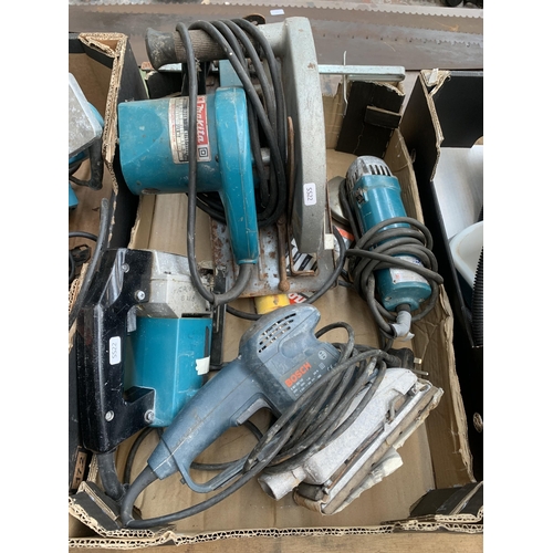 905 - Three boxes containing tools to include Makita 5900B circular saw, Silverline jig saw, Bosch electri... 