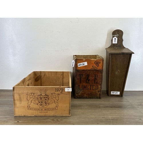 589 - Three items, one T & E Limited four section bottle crate, one 1979 pine wine bottle shipping crate a... 