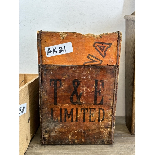 589 - Three items, one T & E Limited four section bottle crate, one 1979 pine wine bottle shipping crate a... 