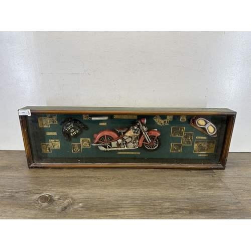 591 - A 1930s style American motorbike wooden and glass fronted shadow box - approx. 24cm high x 80cm wide... 