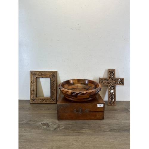 600 - Four items, vintage Lion Company Ltd. printing block, teak and oak circular fruit bowl - approx. 31c... 