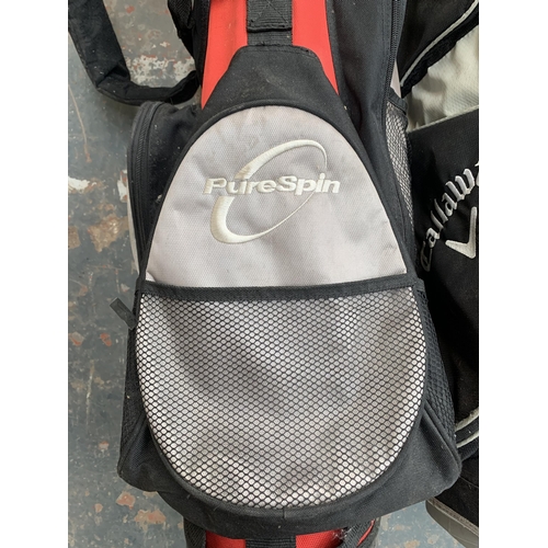 867 - Three golf bags containing golf clubs to include Wilson, Fazer etc.