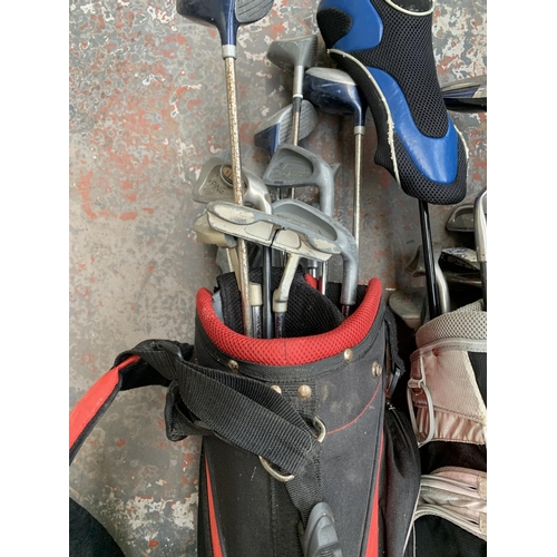 867 - Three golf bags containing golf clubs to include Wilson, Fazer etc.