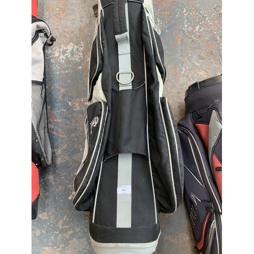 867 - Three golf bags containing golf clubs to include Wilson, Fazer etc.