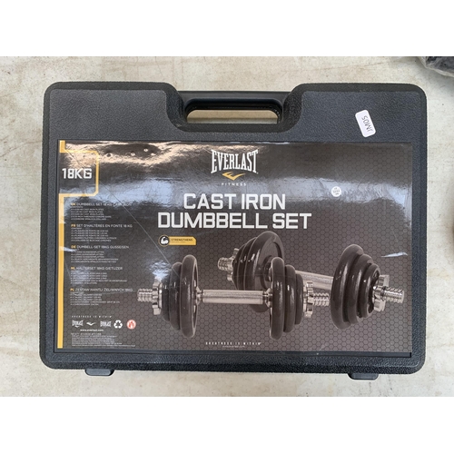 873 - Two items, one camping stove and one Everlast cast iron dumbbell set