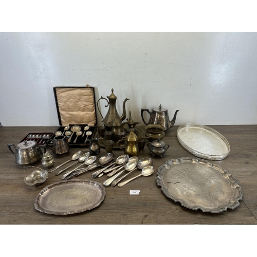 410 - A collection of 19th century and later metalware to include silver plated four piece tea set with or... 