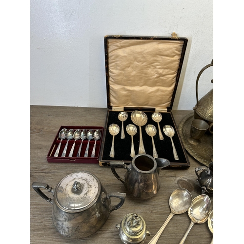 410 - A collection of 19th century and later metalware to include silver plated four piece tea set with or... 