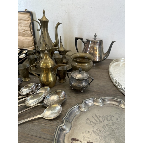 410 - A collection of 19th century and later metalware to include silver plated four piece tea set with or... 