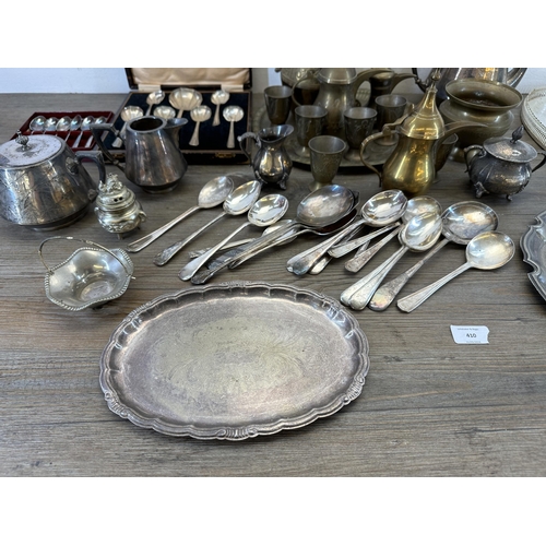 410 - A collection of 19th century and later metalware to include silver plated four piece tea set with or... 