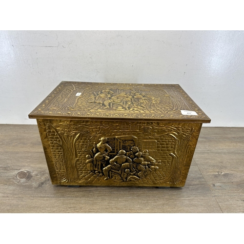 411 - A vintage embossed brass rectangular log bin - approx. 26cm high x 43cm wide x 27cm deep