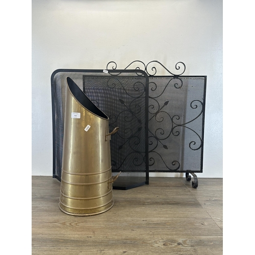 416 - Three fireside accessories, two screens and one brass coal bucket - approx. 55cm high