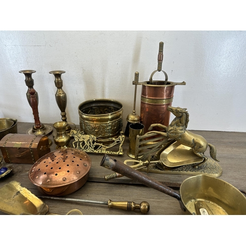 419 - A collection of 19th century and later copper and brassware to include casket shaped rectangular tri... 