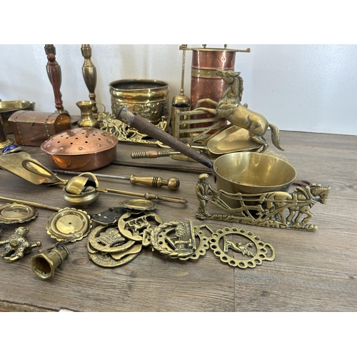 419 - A collection of 19th century and later copper and brassware to include casket shaped rectangular tri... 