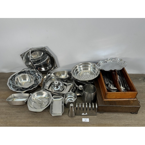 422 - A collection of metalware to include vintage catering equipment, loose cutlery, 1930s oak cased Watf... 