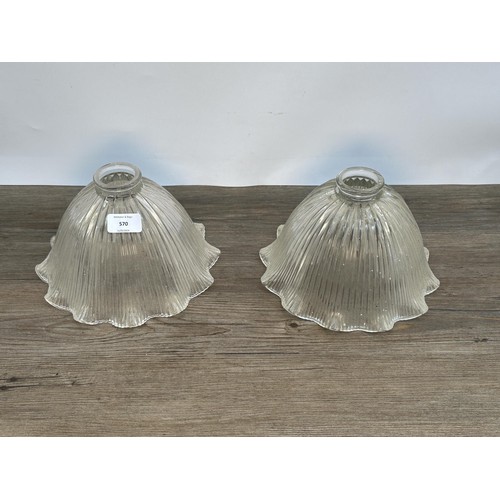 570 - A pair of vintage Holophane style moulded glass  bell shaped pendant lightshades - approx. 23cm in d... 