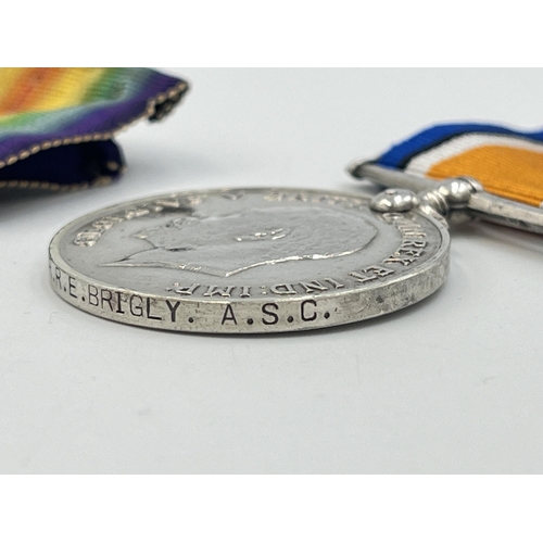 2265 - Two WWI British medals, one War presented to T3-030204 Dvr. R.E. Brigly A.S.C. and one Victory prese... 