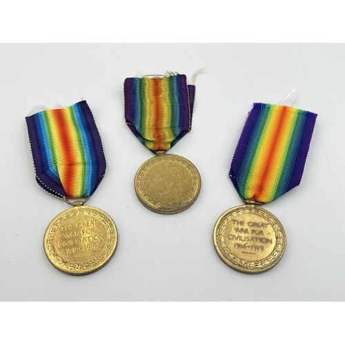 2283 - Three WWI Victory medals, one presented to 9418 Pte. S. Pridding. Ches. R., one to M2-034430 Sjt. C.... 