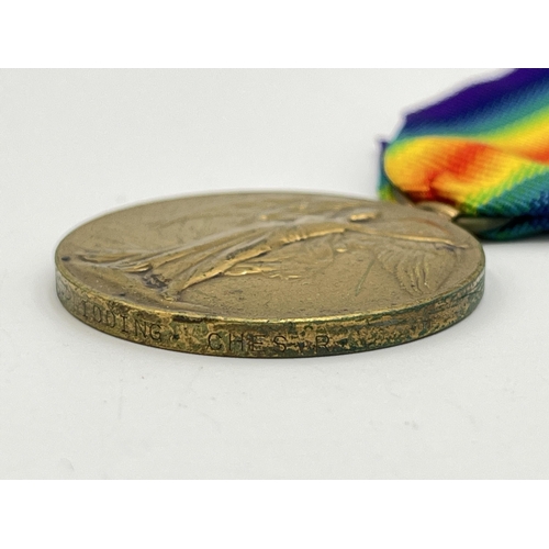 2283 - Three WWI Victory medals, one presented to 9418 Pte. S. Pridding. Ches. R., one to M2-034430 Sjt. C.... 