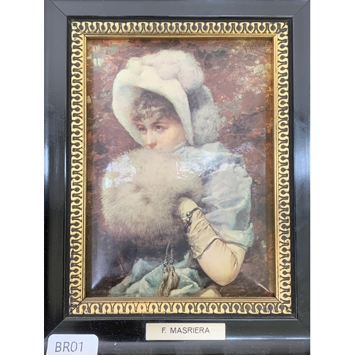 296 - Two framed portrait prints, one F. Masriera and one E. Vigee-Lebrun - approx. 22cm high x 18cm wide