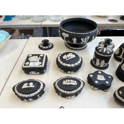 380 - Twenty three pieces of Wedgwood black Jasperware to include circular pedestal bowl, tobacco jar, can... 