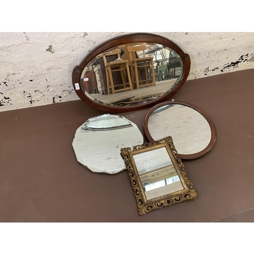 302 - Four various wall mirrors, two mahogany framed, one gilt framed and one frameless