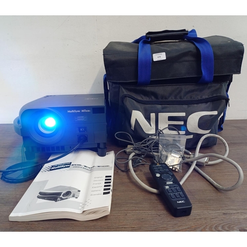 678 - A cased NEC MT830G+ MultiSync LCD projector with cables, remote control and instruction manual