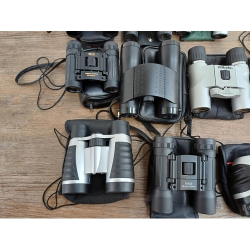 681 - A collection of cased pocket binoculars to include Bushnell 16x32, Nikula, Trikon Optical 8x21, Prak... 