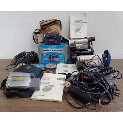 683 - Five Sony camcorders to include boxed DCR-DVD91E with charger, remote control and instruction manual... 