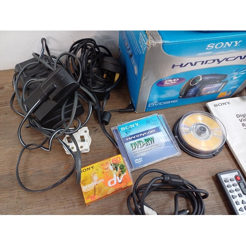 683 - Five Sony camcorders to include boxed DCR-DVD91E with charger, remote control and instruction manual... 