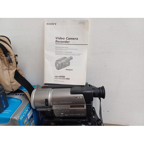 683 - Five Sony camcorders to include boxed DCR-DVD91E with charger, remote control and instruction manual... 