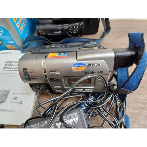 683 - Five Sony camcorders to include boxed DCR-DVD91E with charger, remote control and instruction manual... 