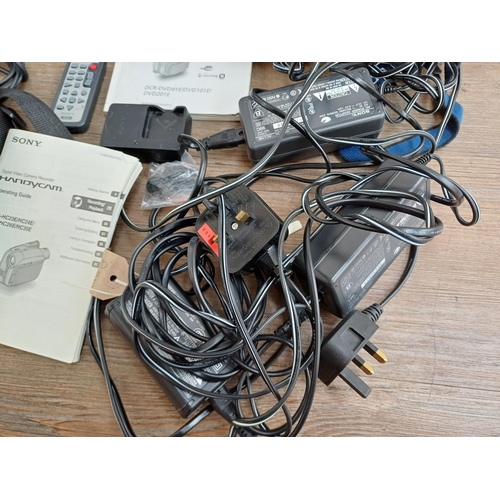 683 - Five Sony camcorders to include boxed DCR-DVD91E with charger, remote control and instruction manual... 