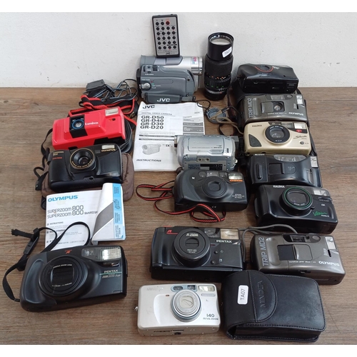 684 - A collection of camcorders and cameras to include two Olympus Trip MD2, Olympus Superzoom 800 with i... 