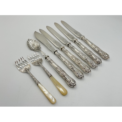 2075 - Eight pieces of hallmarked silver cutlery, five Sheffield silver handled knives, one Sheffield silve... 