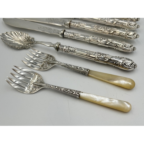 2075 - Eight pieces of hallmarked silver cutlery, five Sheffield silver handled knives, one Sheffield silve... 