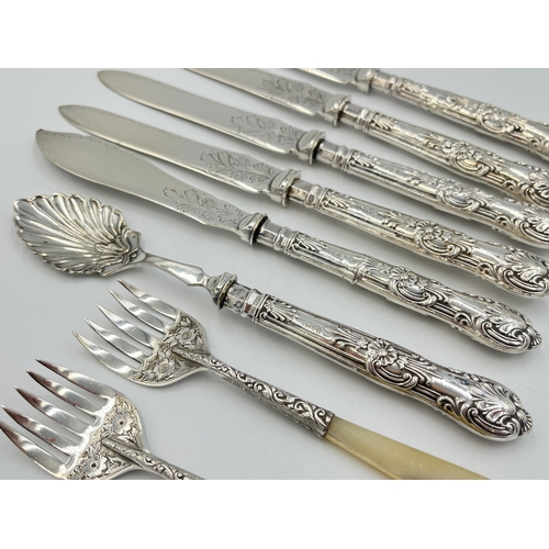 2075 - Eight pieces of hallmarked silver cutlery, five Sheffield silver handled knives, one Sheffield silve... 