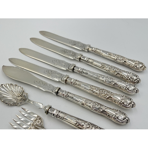 2075 - Eight pieces of hallmarked silver cutlery, five Sheffield silver handled knives, one Sheffield silve... 