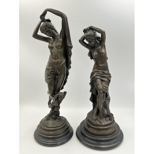 2080 - Two 19th century style bronze nude lady figurines on circular marble plinths - largest approx. 37cm ... 