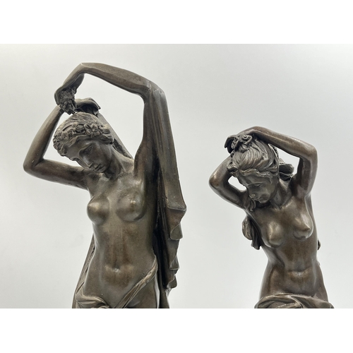 2080 - Two 19th century style bronze nude lady figurines on circular marble plinths - largest approx. 37cm ... 