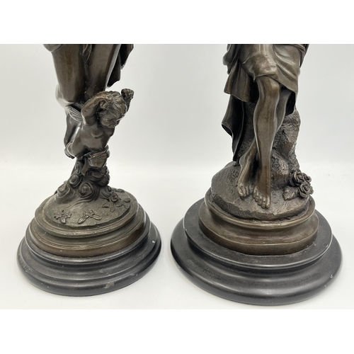 2080 - Two 19th century style bronze nude lady figurines on circular marble plinths - largest approx. 37cm ... 