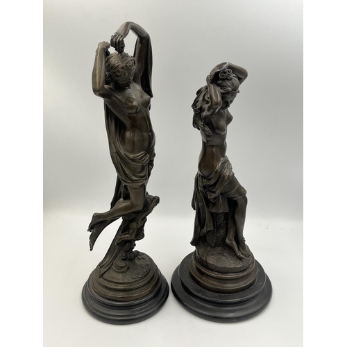 2080 - Two 19th century style bronze nude lady figurines on circular marble plinths - largest approx. 37cm ... 