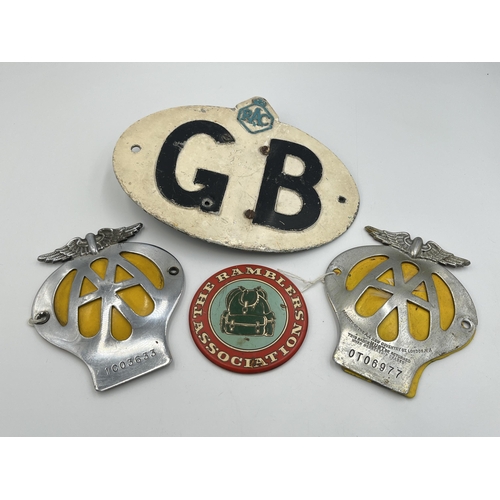 2081 - Four vintage badges, RAC, two AA and The Ramblers