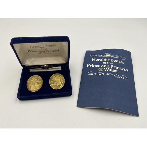 2085 - A cased set of two Danbury Mint 22ct gold plated hallmarked sterling silver Heraldic Beasts of the P... 