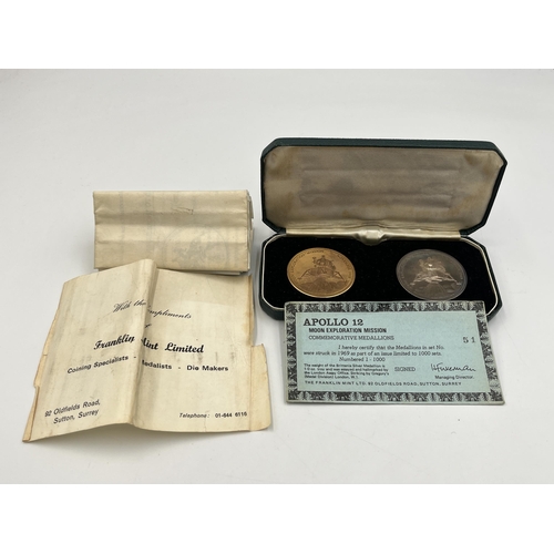 2086 - A cased set two The Franklin Mint Ltd. Apollo 12 Moon Exploration Mission commemorative medallions, ... 